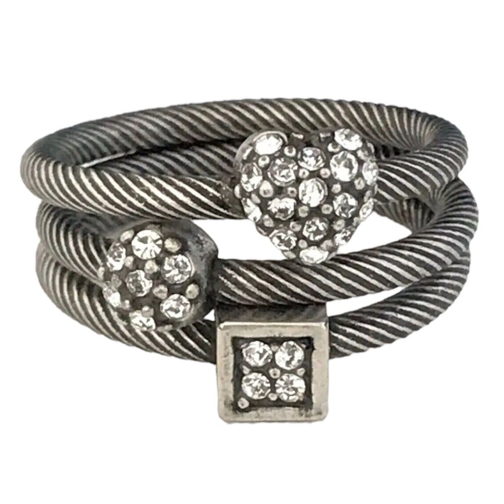 New Stackable Cable Rings Size 7.5 Crystal Heart Square Oxidized Silver - 5C